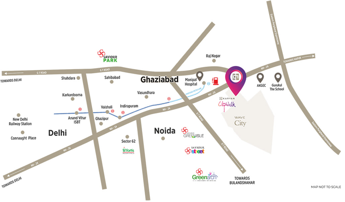 Map showing Karyan Nine location opposite Wave City on NH-24, Ghaziabad